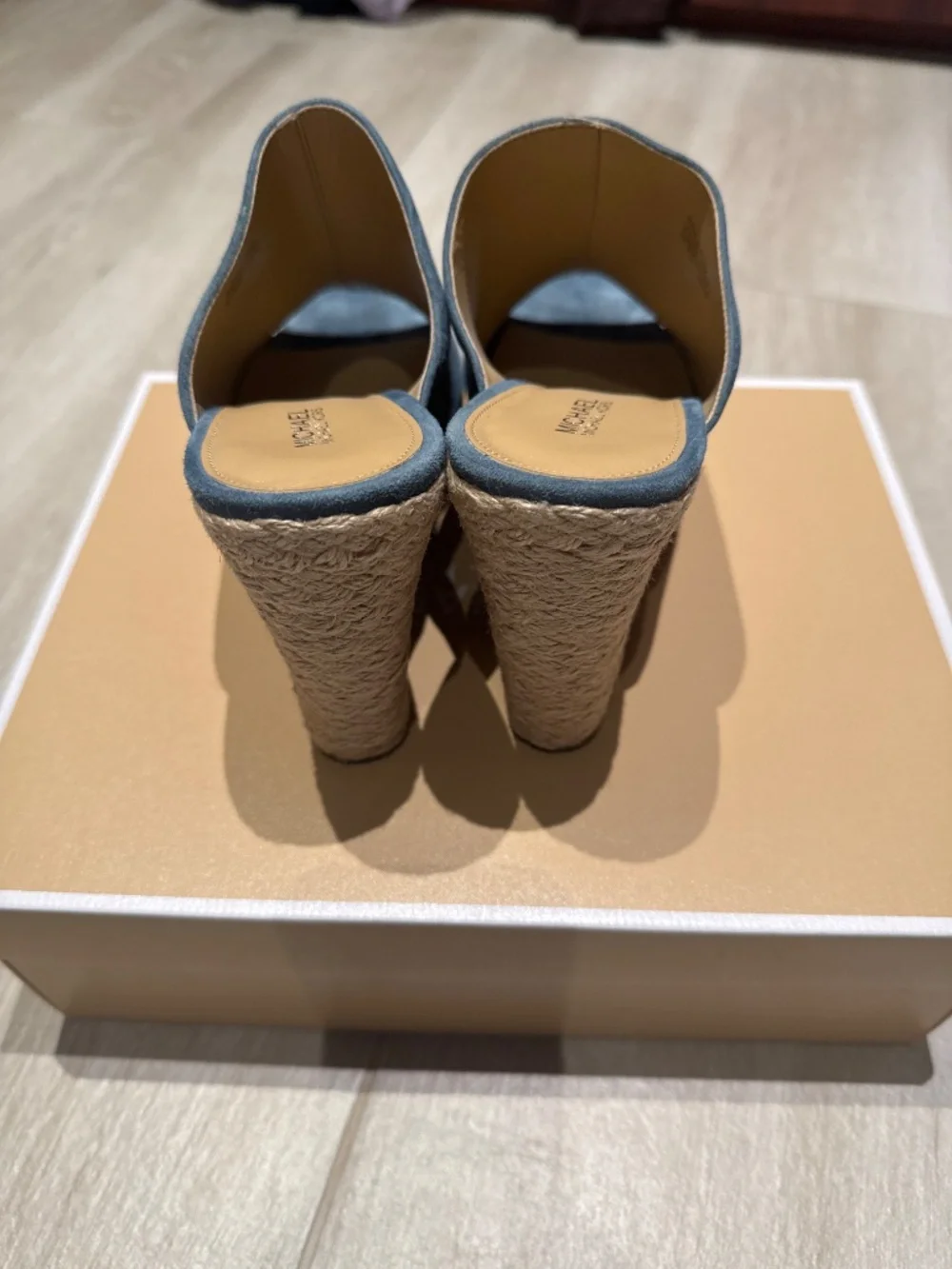 MICHAEL KORS Hastings Espadrille Mule Light Blue Denim Peep Toe Platform Wedges